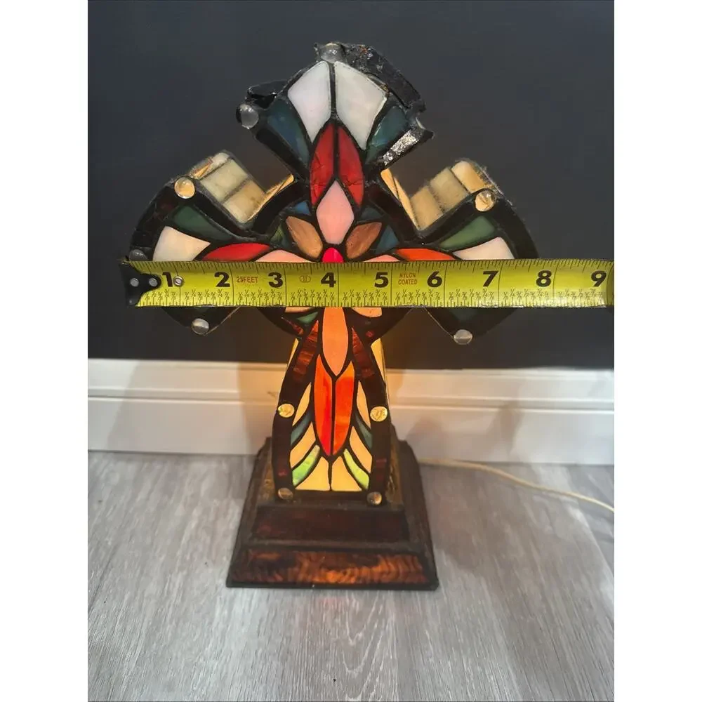 Tiffany Lighted Cross Tabletop Cross Stained Glass Desktop Christian 12x8x3” *